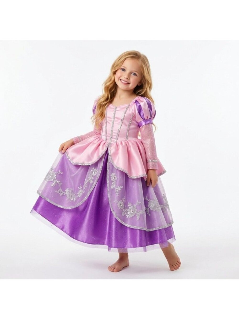 Girls Rapunzel Princess Costume Dress Pink Purple Satin Birthday Party